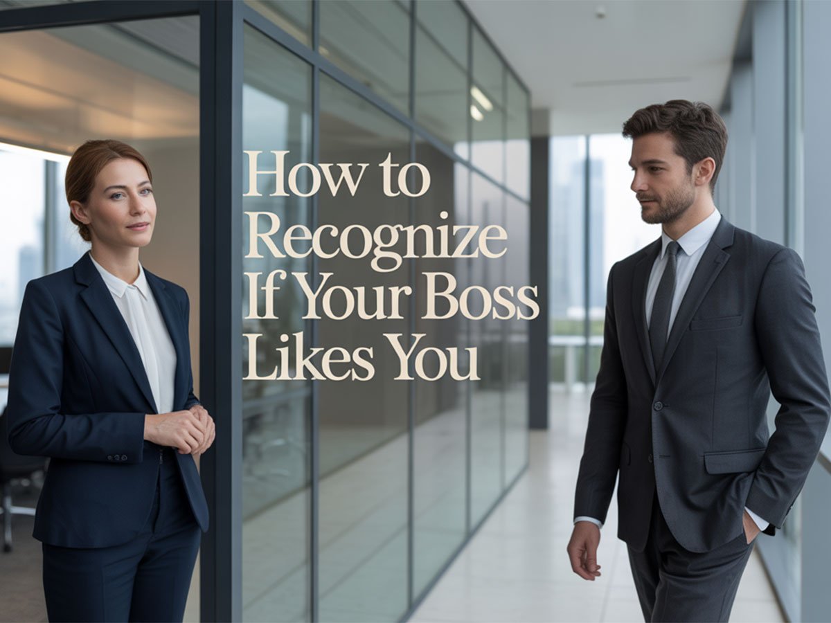 A professional man and woman in business attire talk in a bright modern office hallway, suggesting workplace connection or interest.