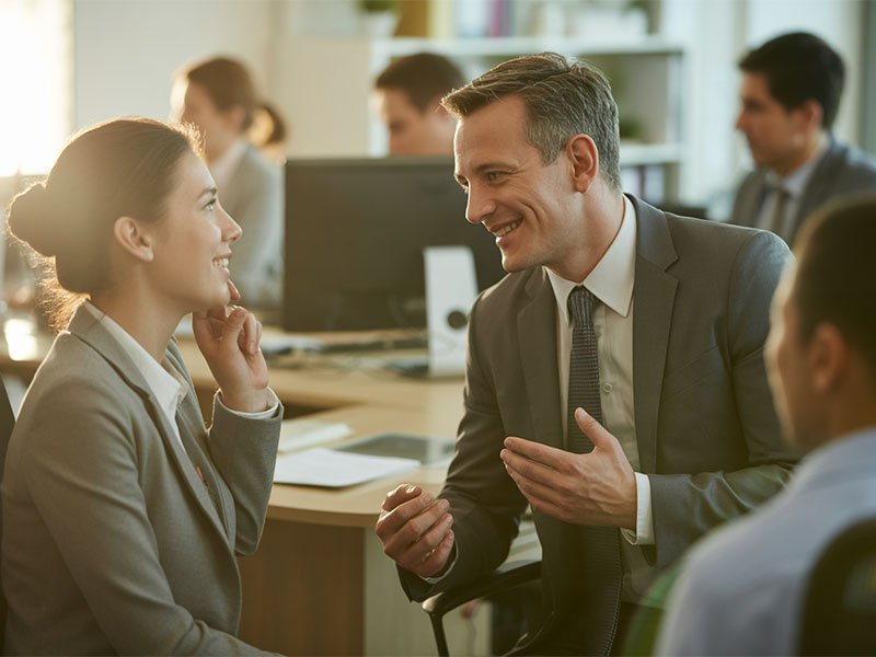 A male manager in a suit smiles and chats with a female colleague in an office, showing friendly, attentive interaction.