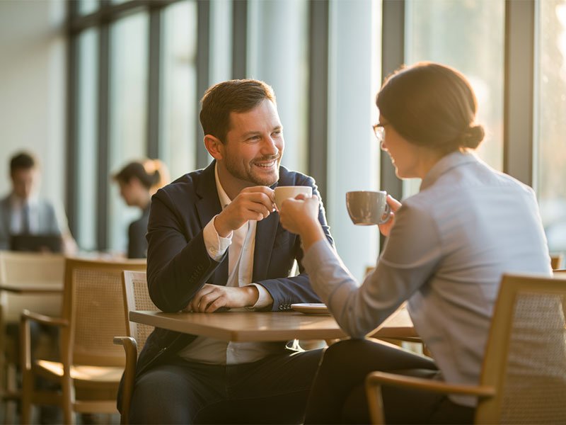 A man and woman in business attire sit at a café table, smiling and talking over coffee in warm sunlight.