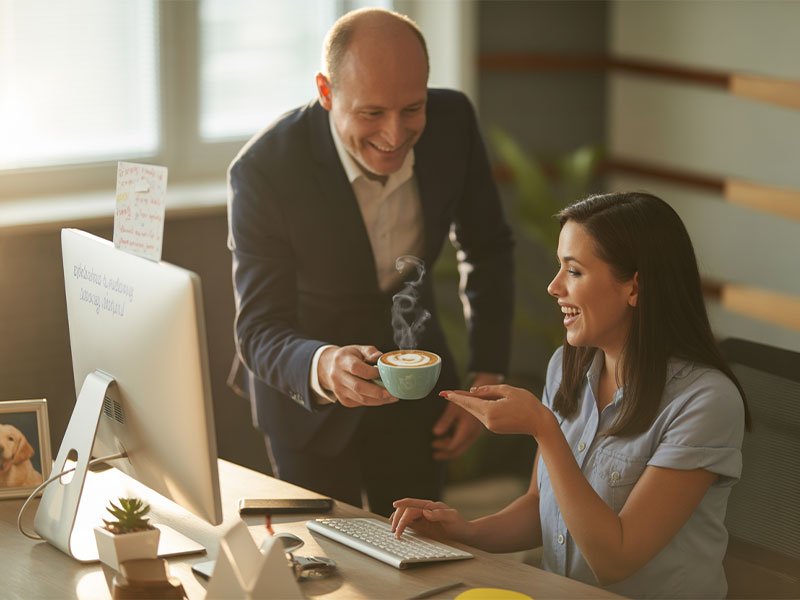 A man in a suit hands a cup of coffee to a smiling woman at her desk in a bright office, showing friendly personal attention.