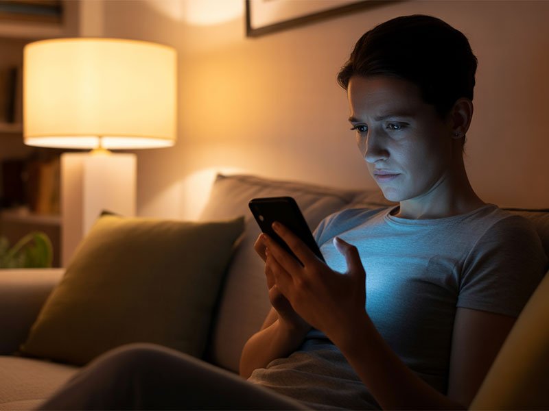 A woman sits on a couch at night, looking at her phone with a serious expression as warm lamp light fills the room.