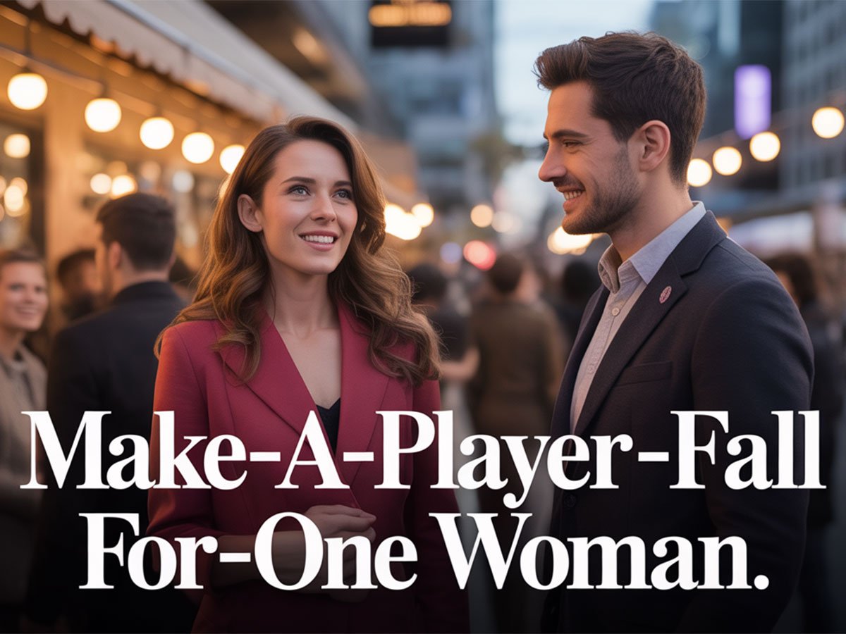 A smiling woman and a man talk warmly on a city street at night, surrounded by soft lights, conveying romantic connection and charm.