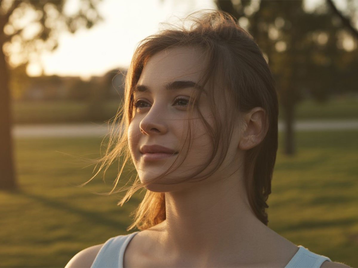Young woman standing outdoors at sunset with soft wind in her hair, looking peaceful and hopeful.