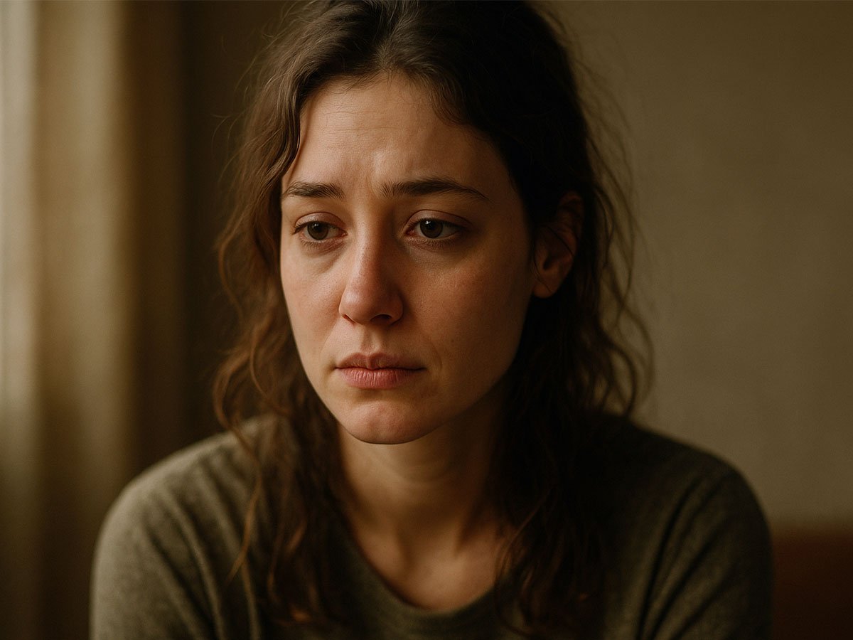 A woman with wavy brown hair looks down sadly while sitting indoors, softly lit by a window.