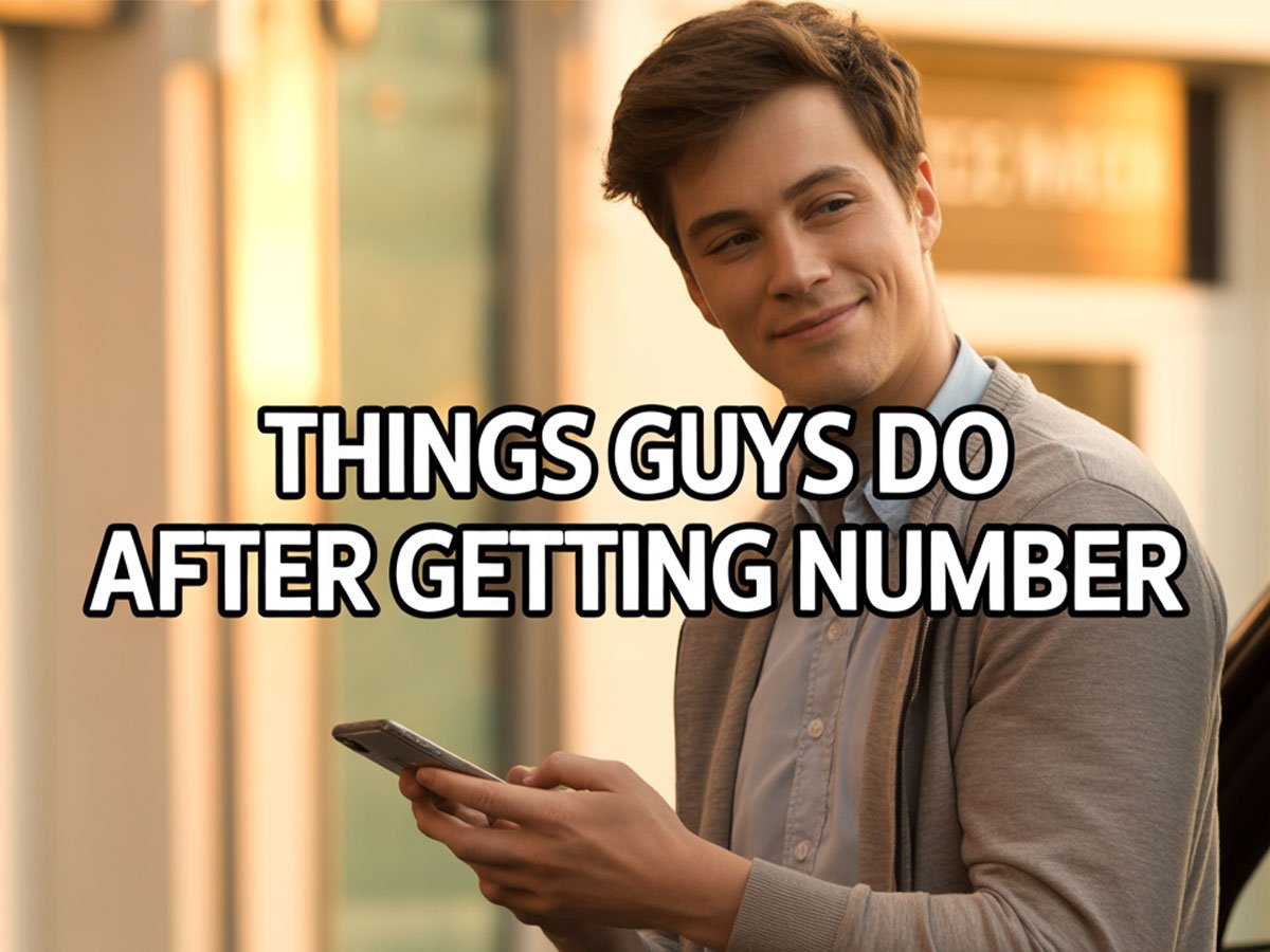 A smiling man holding his phone and looking to the side, with the text “Things Guys Do After Getting Number” written across the image.