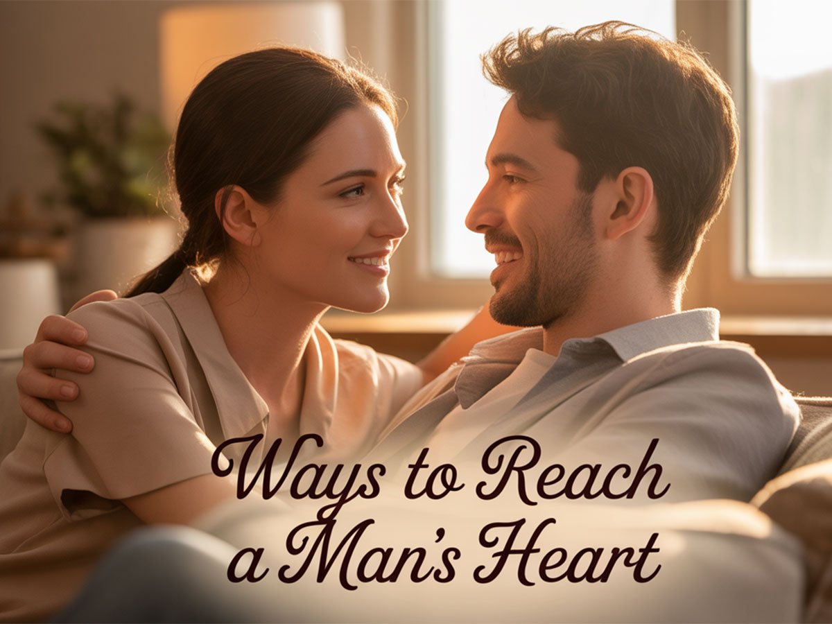 A smiling woman and man sit close together in a warmly lit room, gazing at each other affectionately, with text that reads “Ways to Reach a Man’s Heart.”
