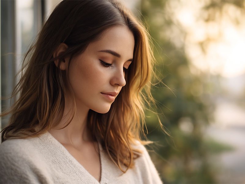 Young woman looking down thoughtfully outdoors in soft golden light, with blurred greenery in the background.