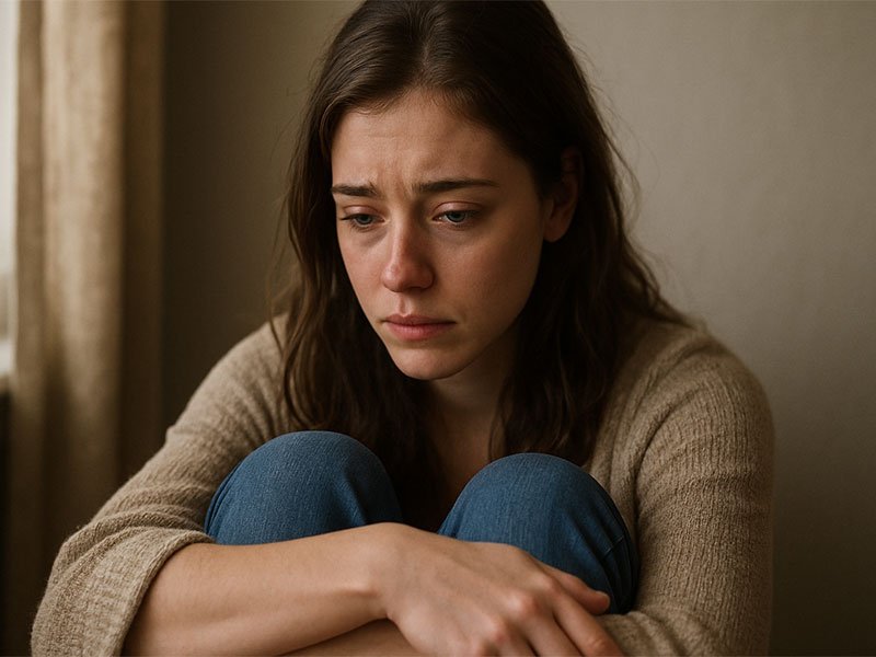 Sad young woman sitting with her knees pulled close, looking down with teary eyes in a softly lit room.