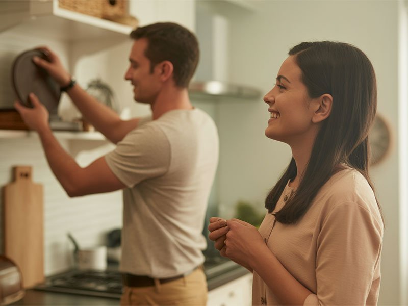 A smiling woman watches a man arranging dishes in a kitchen, showing appreciation and warmth in a cozy home setting.