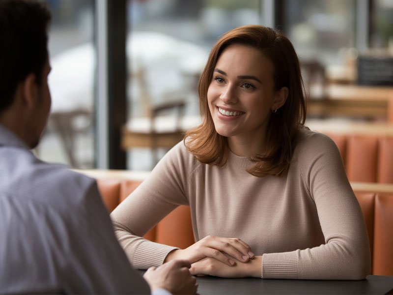 A smiling woman sitting across from a man in a café, showing kindness and confidence during their warm conversation.