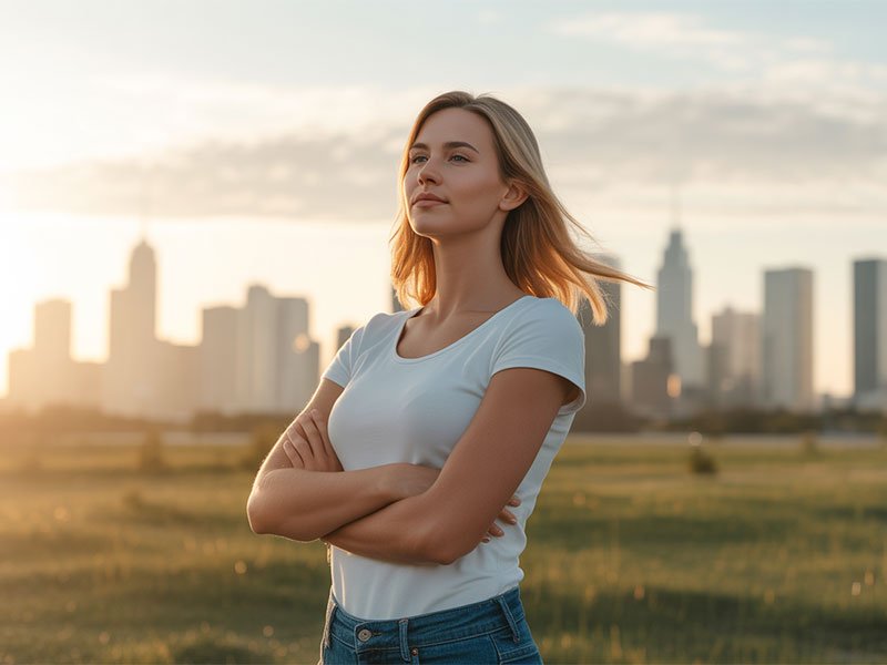 A confident woman stands outdoors with folded arms at sunset, gazing ahead with a calm, determined expression against a city skyline.