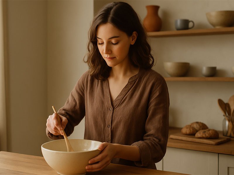 Young woman in a cozy kitchen stirring a mixing bowl, focused on cooking or baking.
