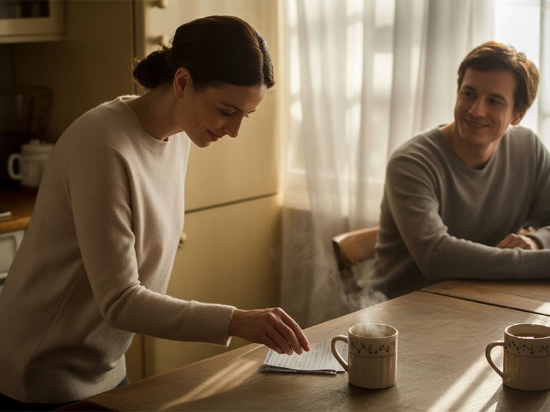 A woman places a small note on the table beside two coffee mugs while a man smiles warmly at her, showing affection and appreciation.