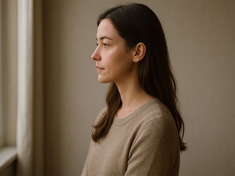 Young woman sitting by a window, looking calm and reflective with soft natural light.