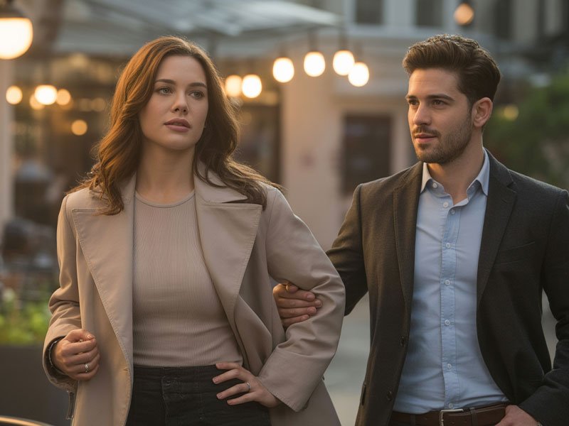 A confident woman walks beside a man in a city evening setting, looking composed and self-assured while he watches her attentively.
