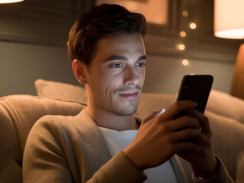A man sitting on a couch at night, smiling softly while looking at his phone, illuminated by its screen light.