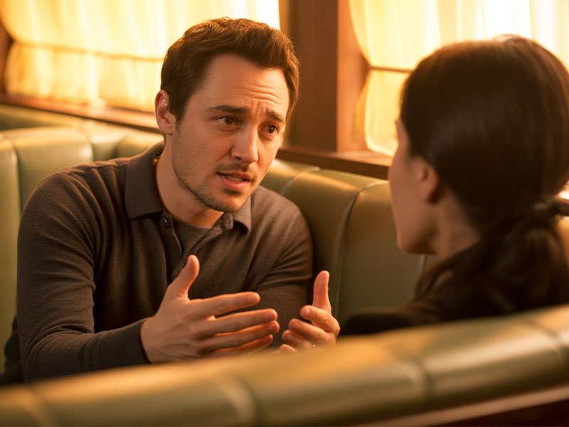 A man sitting in a café booth talking seriously with a woman, using hand gestures to emphasize his point.