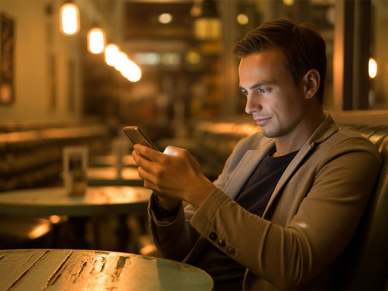 A man sitting alone in a warmly lit café at night, smiling slightly while looking at his phone.