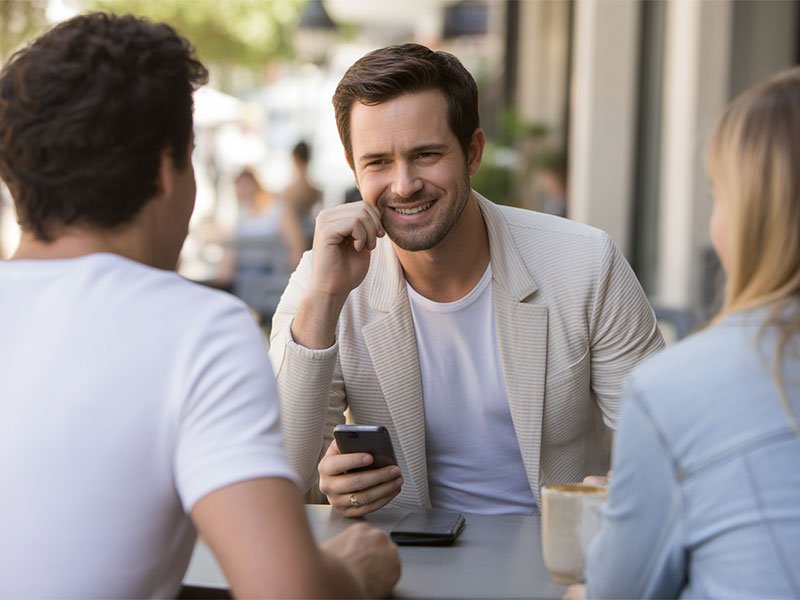 A man sitting at an outdoor café with friends, smiling while holding his phone and chatting casually.