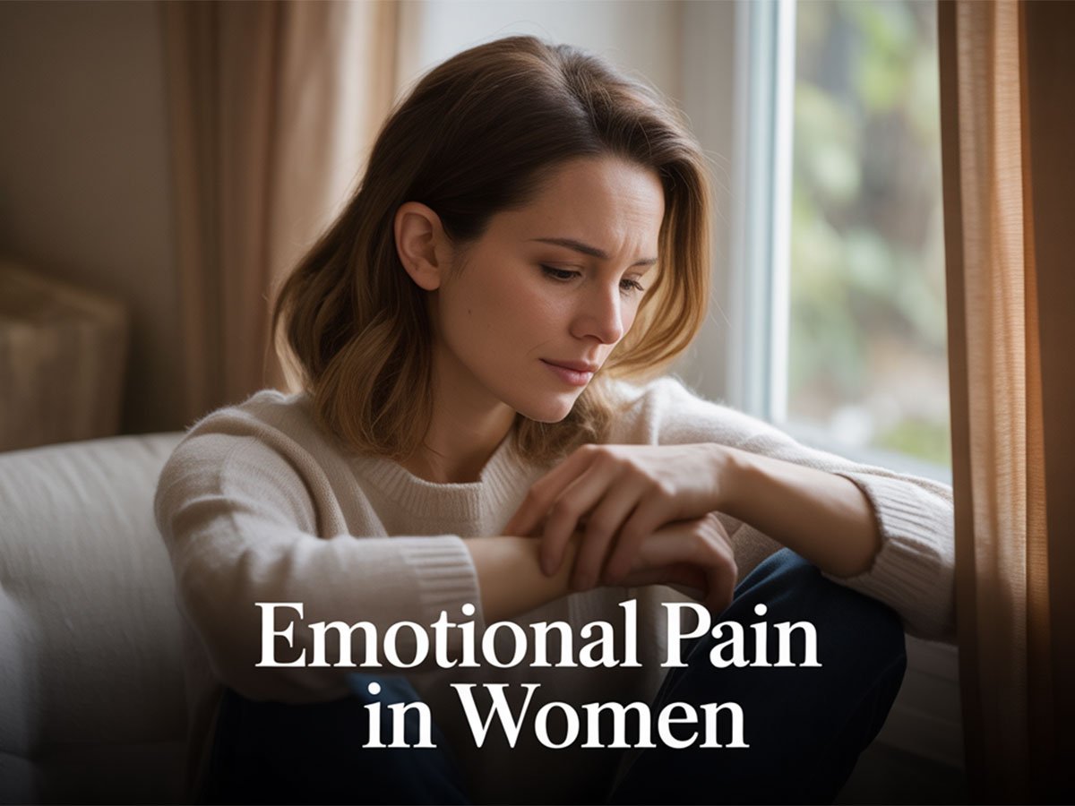 A woman sitting by a window, looking sad and reflective, with the text “Emotional Pain in Women” written at the bottom.