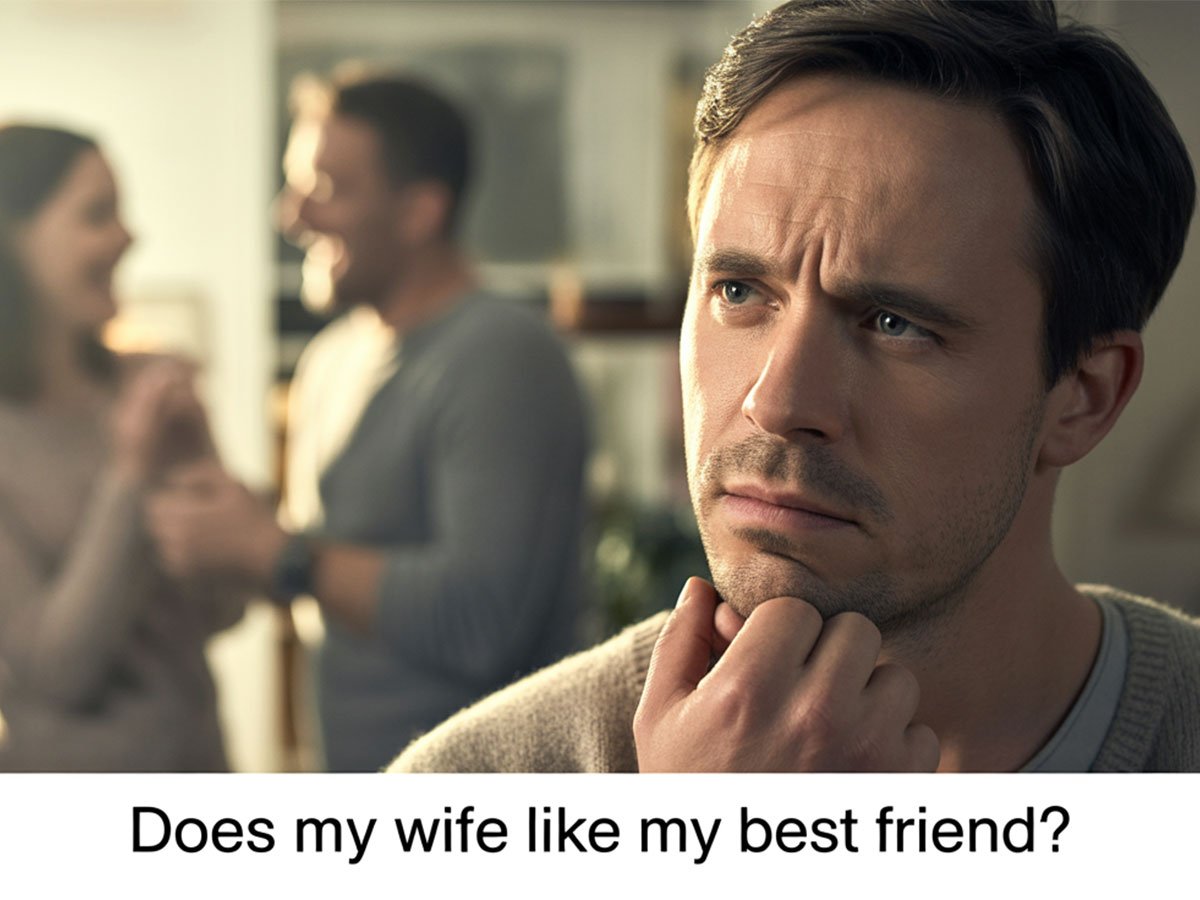 A man looks thoughtful and concerned while a woman and another man laugh together in the blurred background, suggesting possible emotional tension.