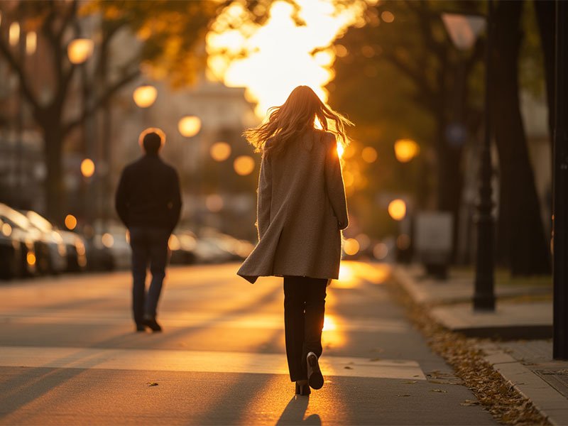 A woman walking away down a sunlit street at sunset, leaving a man behind in the distance.