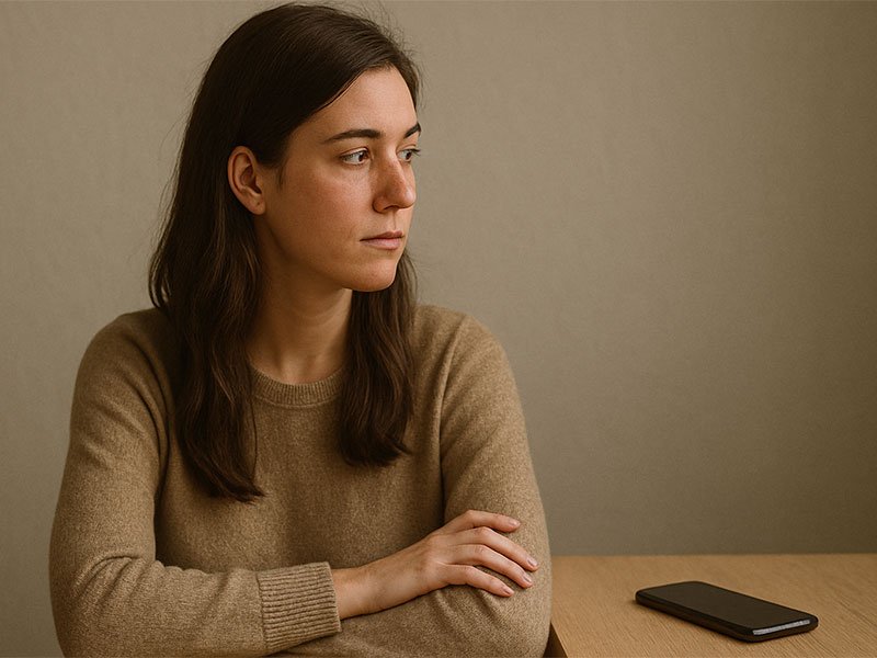 Woman sitting at a table looking away from her phone, appearing calm and detached.