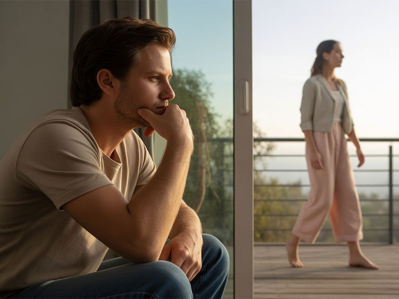 A man sits indoors deep in thought while a woman walks outside on a balcony, symbolizing space and emotional distance.
