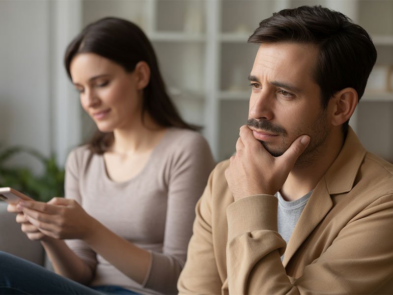 A man looks worried and thoughtful while a woman beside him smiles slightly and focuses on her phone, creating a sense of emotional distance.