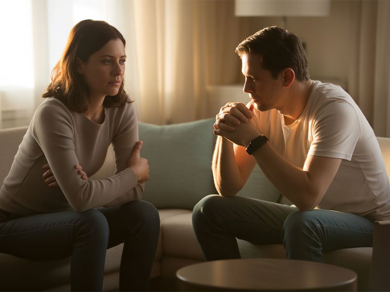 A man and woman sit facing each other on a couch, both looking serious and tense, suggesting a difficult or emotional conversation.