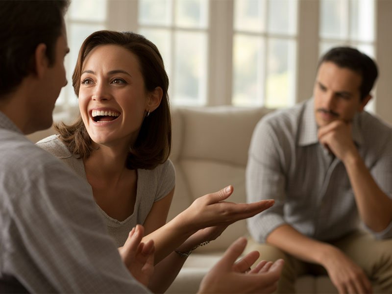 A woman laughs and talks animatedly with a man while another man in the background watches them with a thoughtful, uneasy expression.