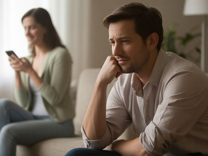 A man sits on a couch looking sad and deep in thought while a woman in the background smiles at her phone, creating a sense of emotional distance.