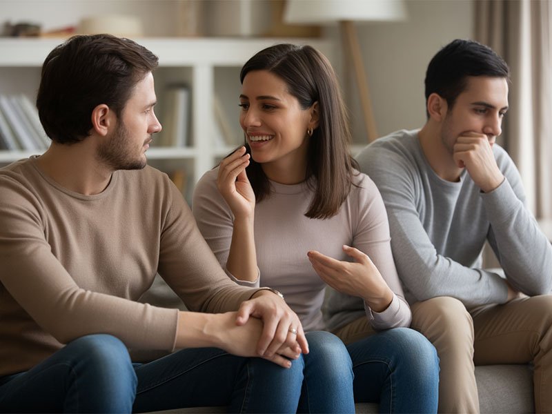 A woman smiles and talks with one man while another man sitting beside them looks upset and distant, suggesting tension or jealousy.