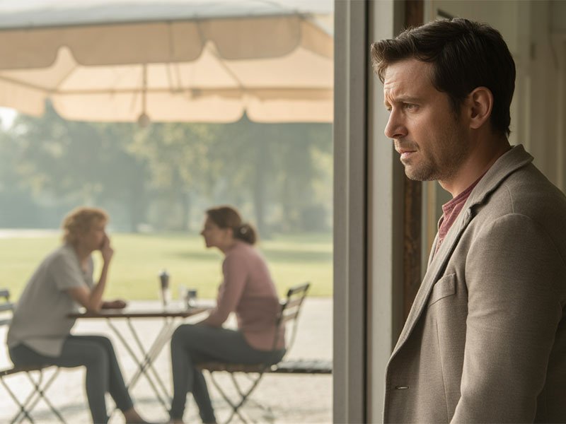 A man stands near a doorway looking sad and thoughtful while in the background a woman and another man sit at a café table talking and laughing together.