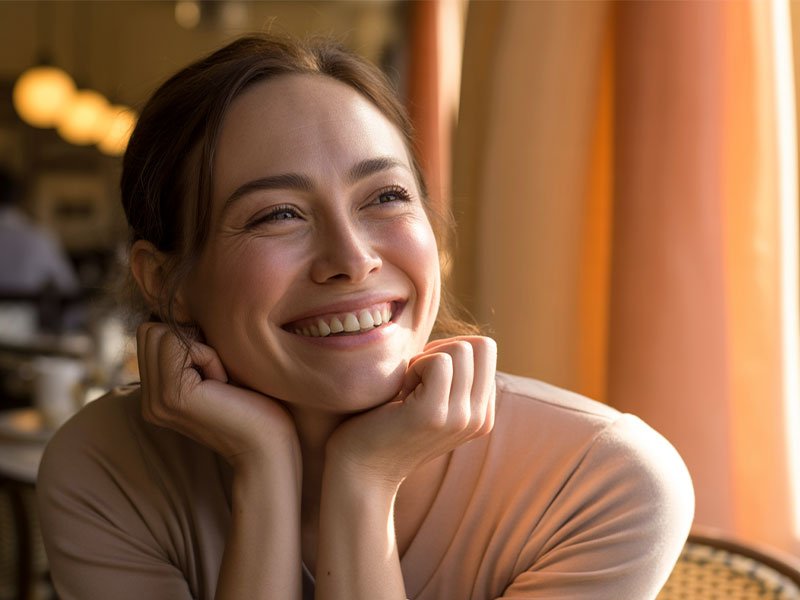 A joyful woman smiles warmly while sitting by a sunlit window, resting her chin on her hands and radiating positivity.
