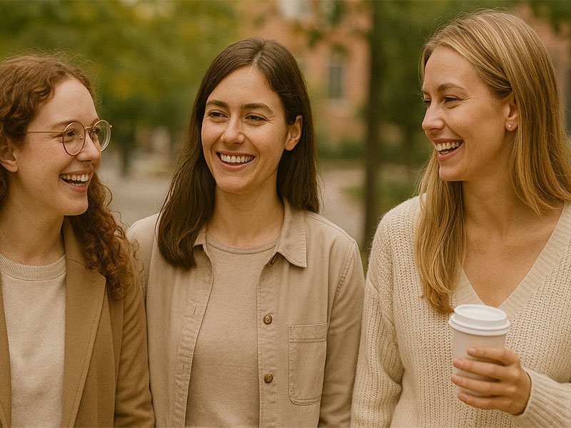 Three young women smiling and walking together outdoors, enjoying each other’s company.