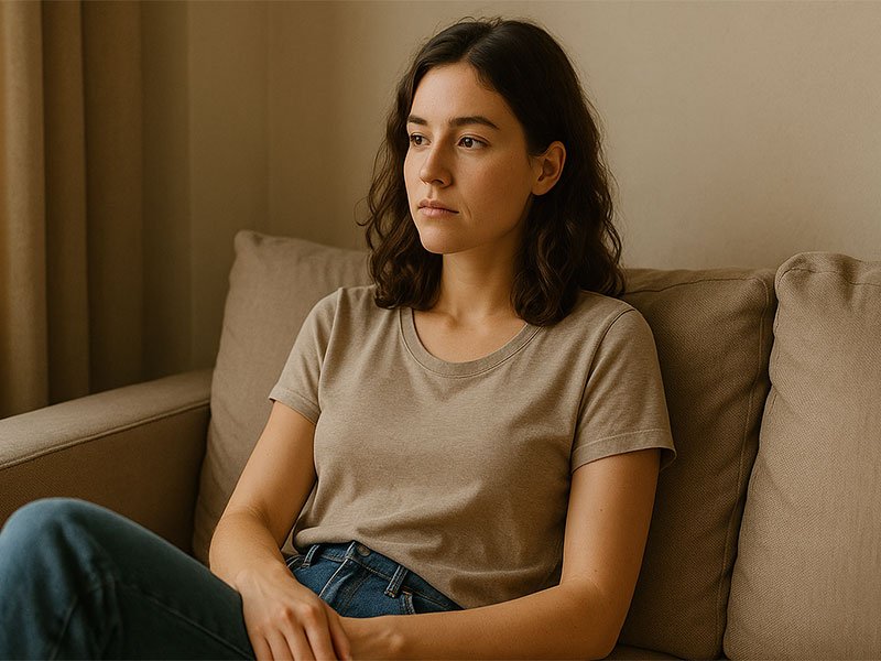 Young woman sitting on a couch, looking thoughtful and calm in soft indoor lighting.