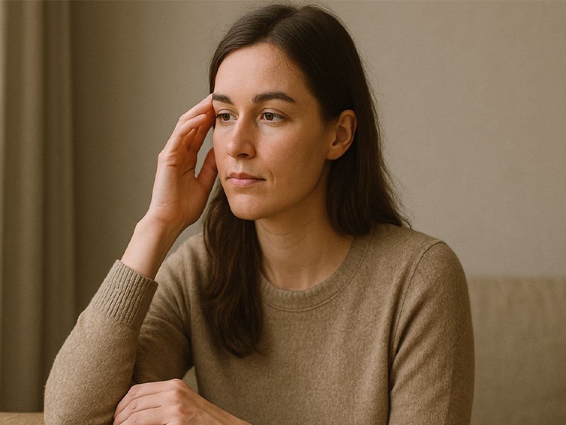 Woman sitting indoors with her hand resting on her temple, appearing thoughtful and calm.