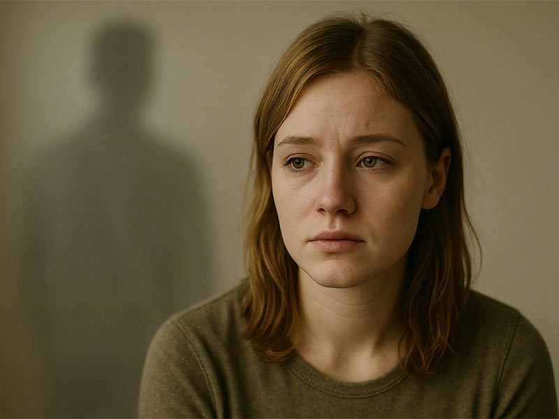 A sad woman looks to the side while a blurry shadow of a person stands behind her on the wall.