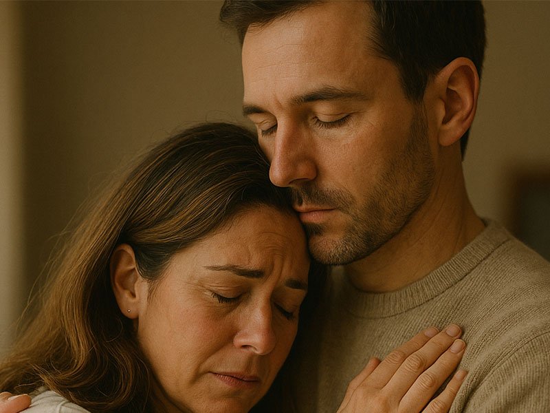 A man gently embraces a sad woman as she leans into his chest with her eyes closed.