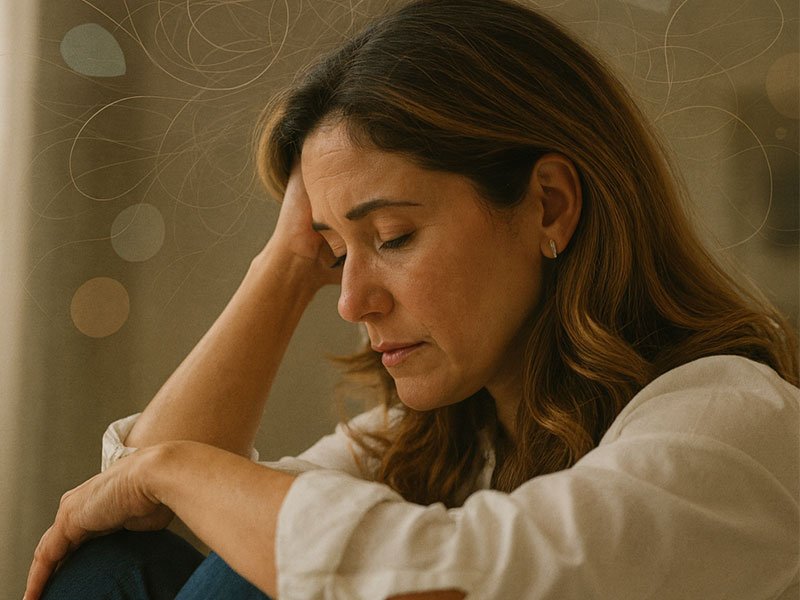 A woman sits with her head resting on her hand, eyes closed, looking sad and overwhelmed.