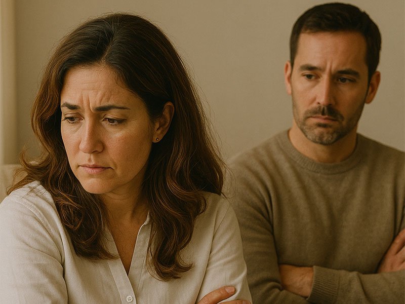 A sad woman looks down while a man behind her watches with concern, both appearing distant and tense.