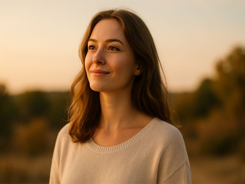 Young woman standing outdoors at sunset, smiling softly with a hopeful expression.