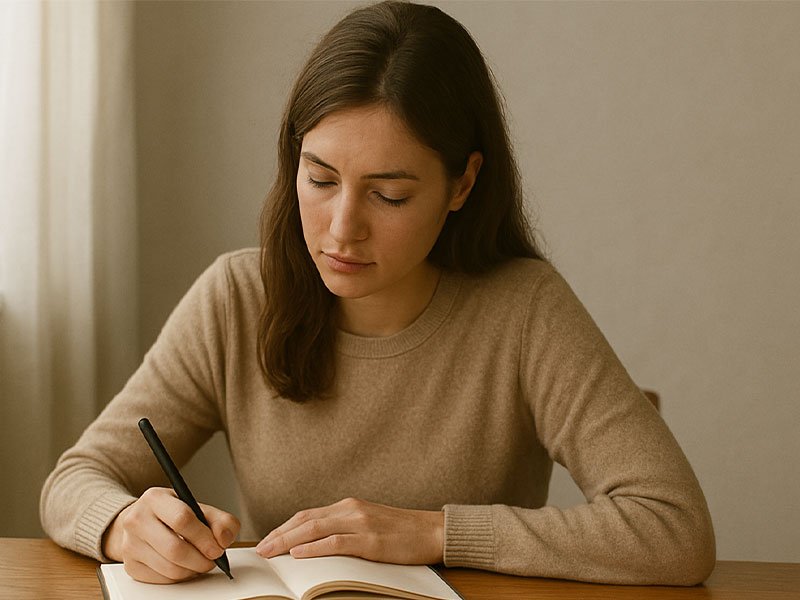 Woman sitting at a table writing in a notebook, looking calm and focused in soft natural light.