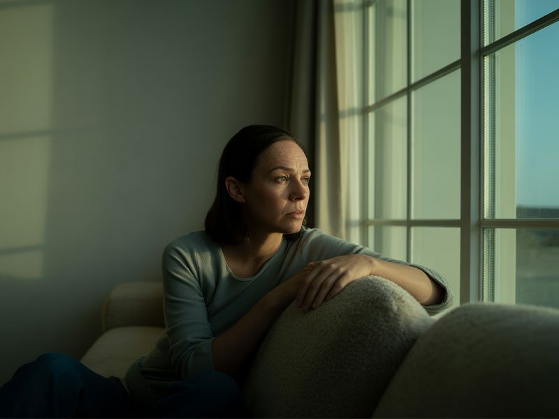 A woman sitting on a couch, gazing thoughtfully out of a window in soft natural light, appearing deep in reflection.