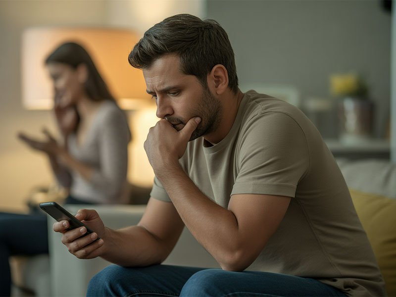A man sits on a couch looking at his phone with concern while a woman in the background talks on her phone, suggesting emotional distance or suspicion.