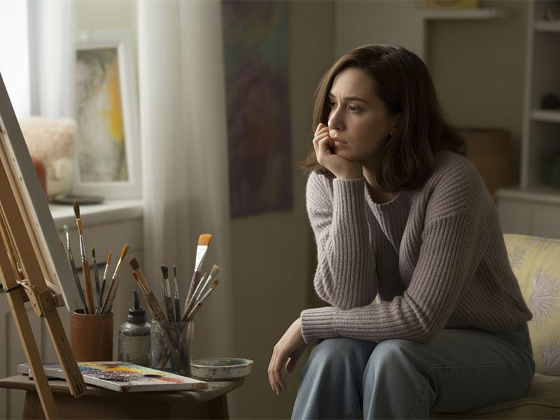 A woman sitting in front of an easel with paintbrushes nearby, looking thoughtful and uninspired as she gazes at her blank canvas.