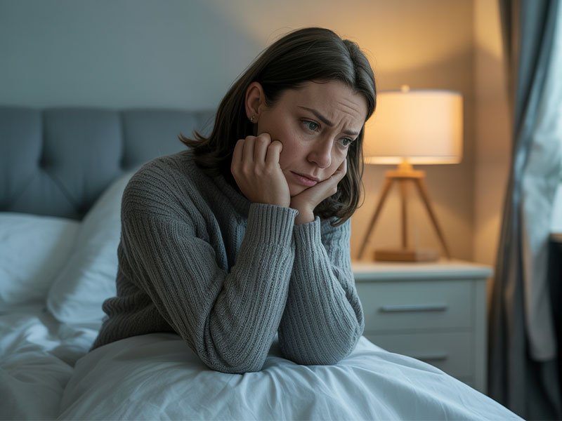 A woman sitting on her bed with her hands on her cheeks, looking sad and deep in thought in a softly lit bedroom.