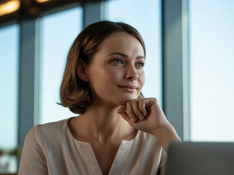 A woman sitting by a window with her hand resting on her chin, smiling softly and looking thoughtful in natural light.