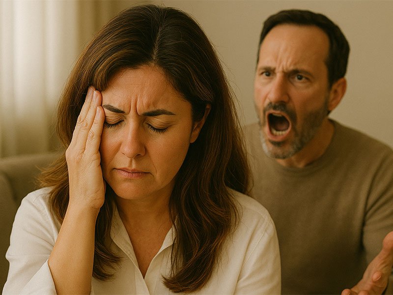 A woman holds her head in distress while a man behind her shouts angrily.